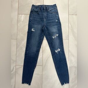 American Eagle Outfitters Dark Blue Distressed Skinny Curvy Hi Rise Jeggings